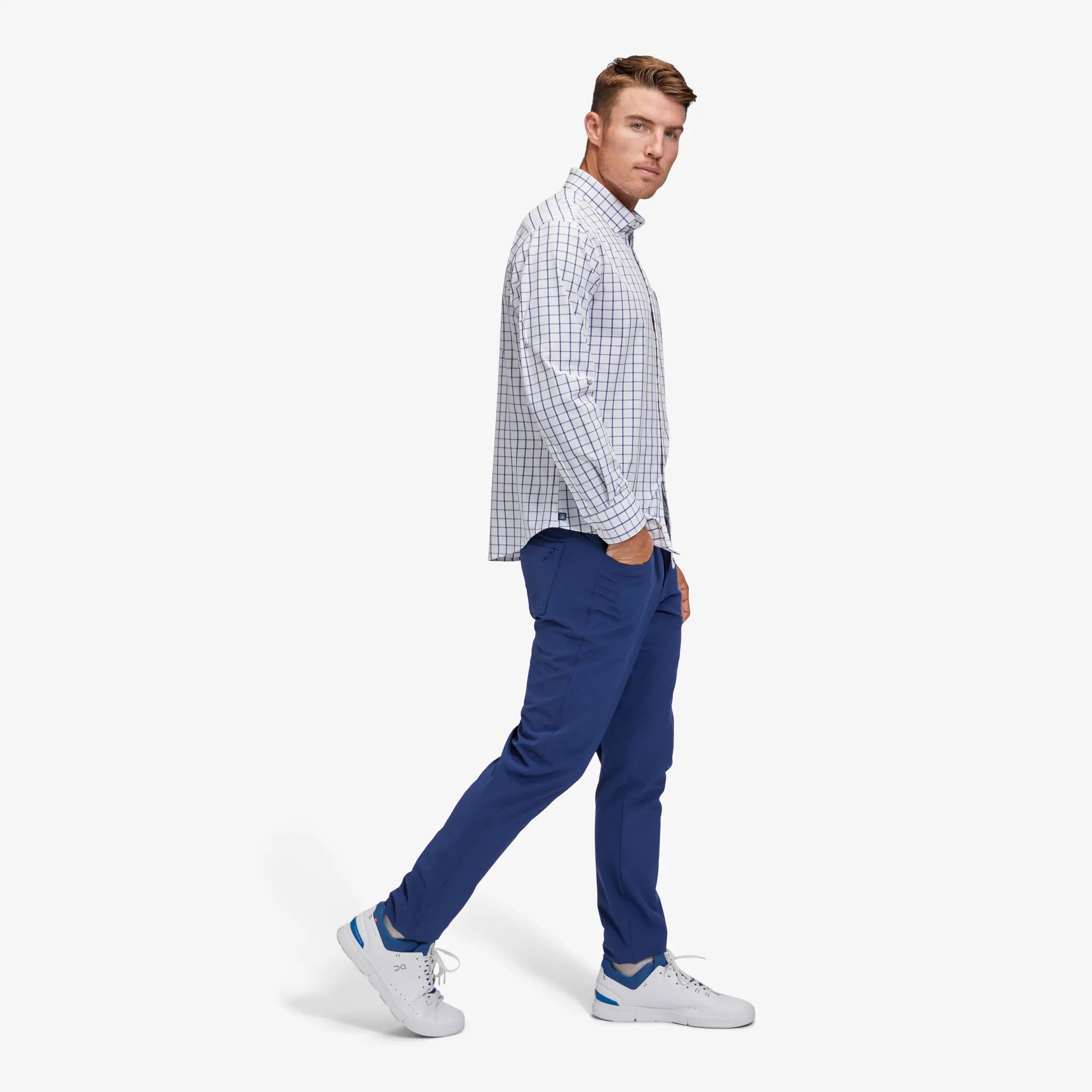 Mizzen+Main | Leeward White Navy Windowpane | No Tuck Dress Shirt | White