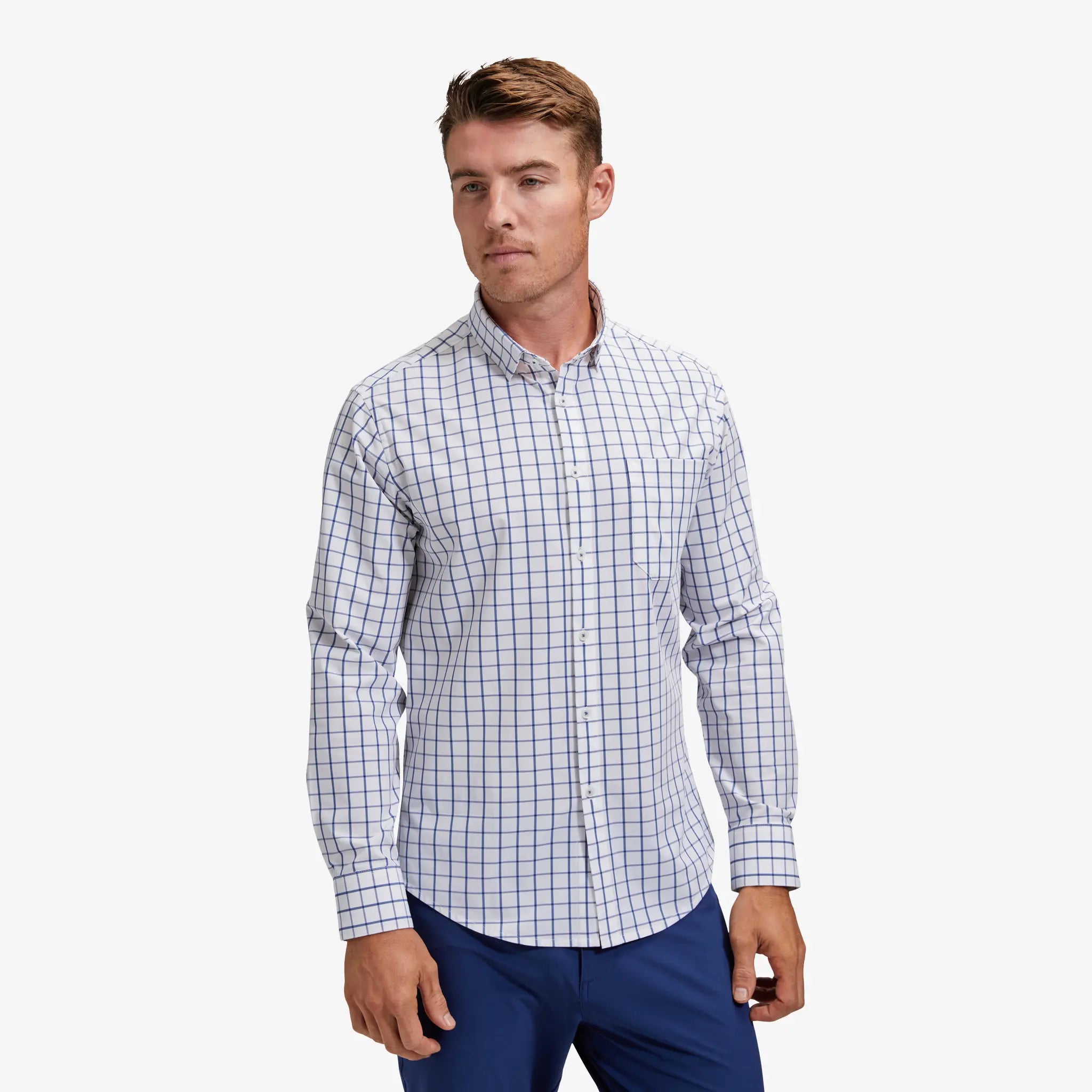 Mizzen+Main | Leeward White Navy Windowpane | No Tuck Dress Shirt | White