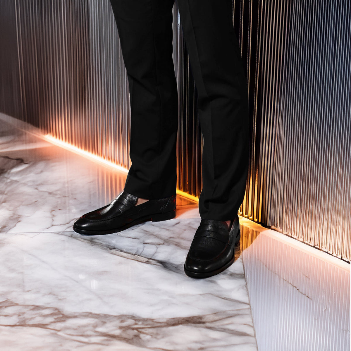 Collars & Co. Naples Penny Loafers in Black Leather, styled