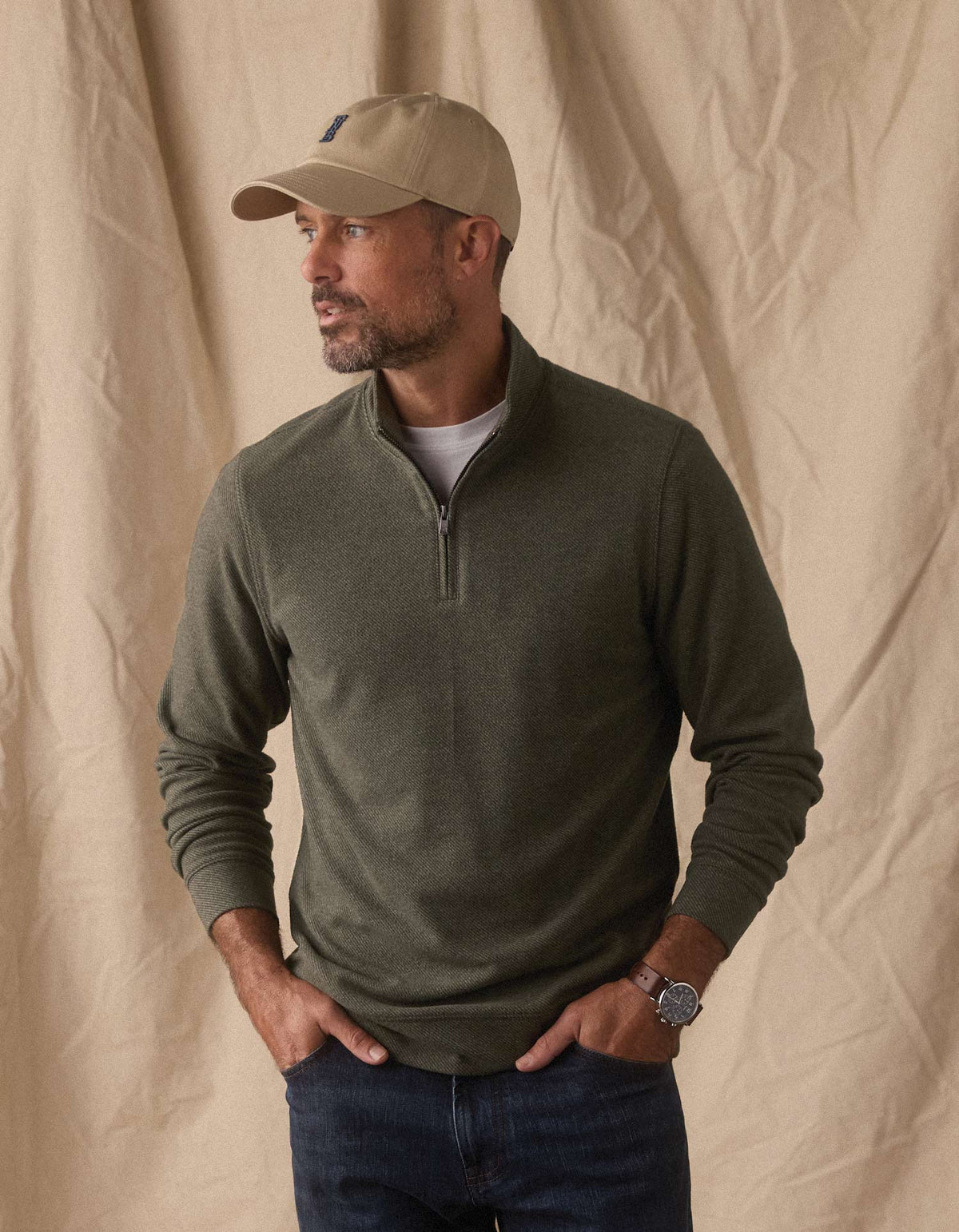 The Normal Brand Brushed Textured Knit Quarter Zip in Dark Forest Green