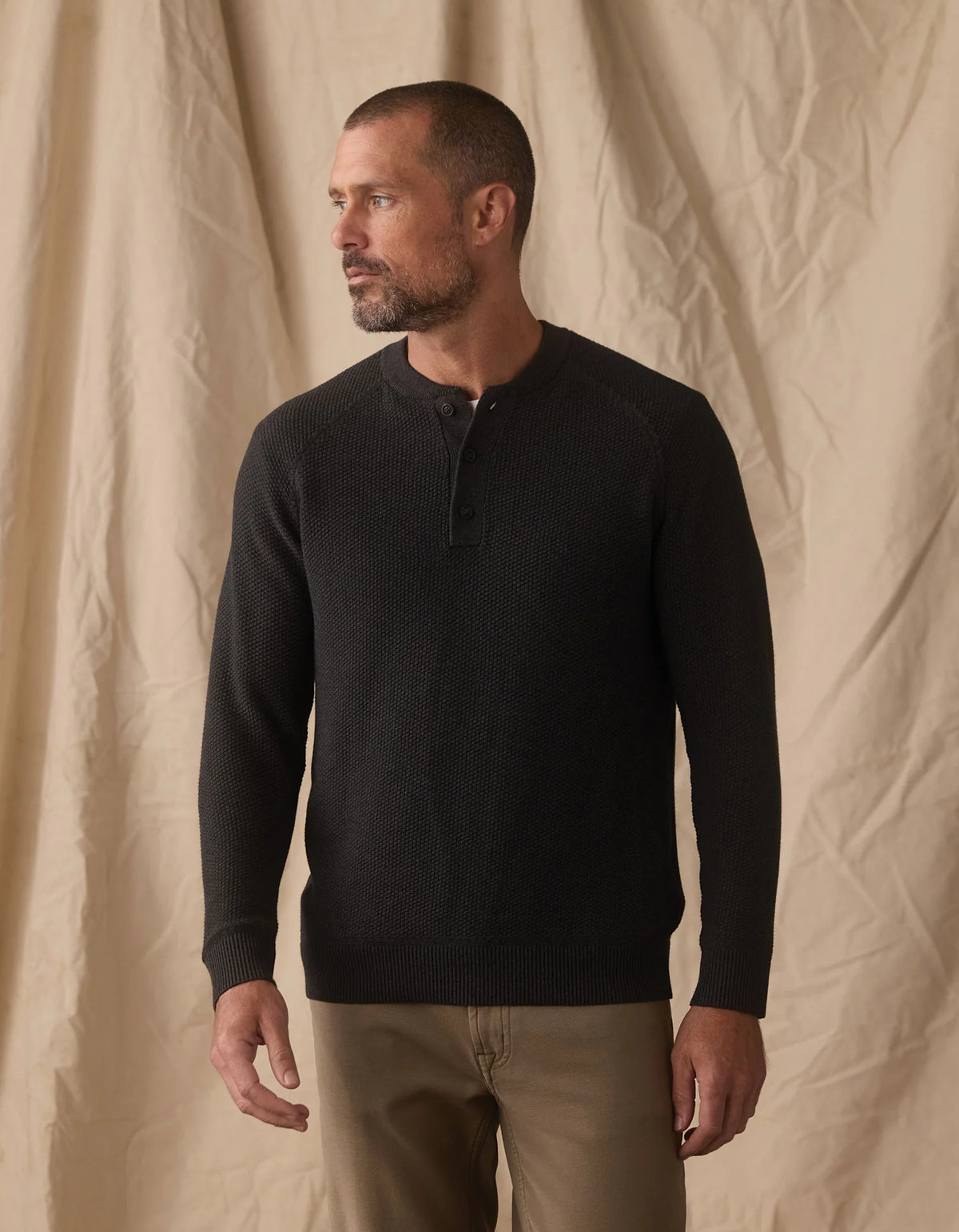 The Normal Brand | COOLMAX® Textured Sweater Henley | Charcoal Black