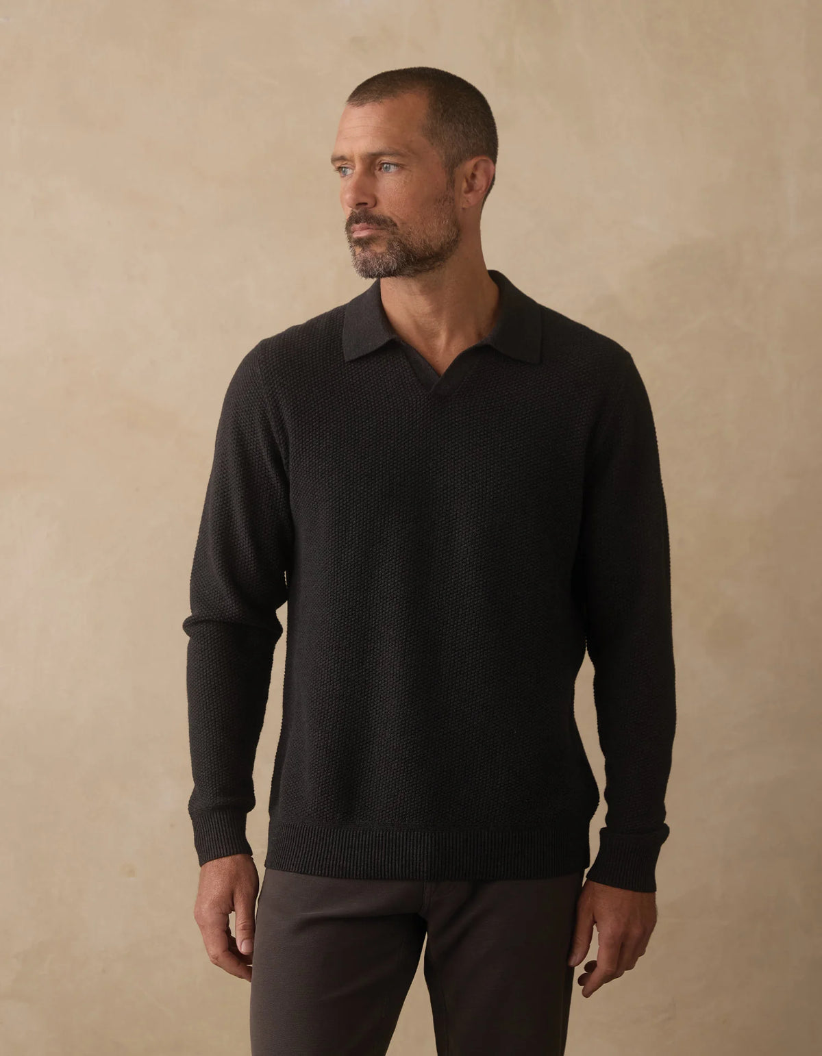 The Normal Brand | COOLMAX® Textured Sweater Polo | Charcoal Black