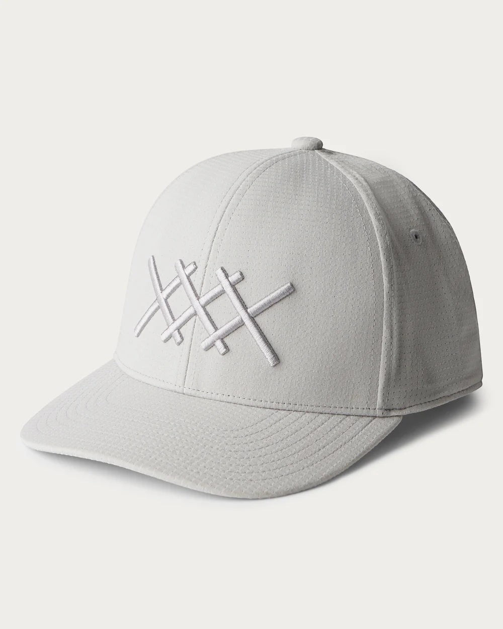 The Point Clothing Lounge's Rhone gray performance snapback cap with embroidered grey hash mark logo. Adjustable fit.