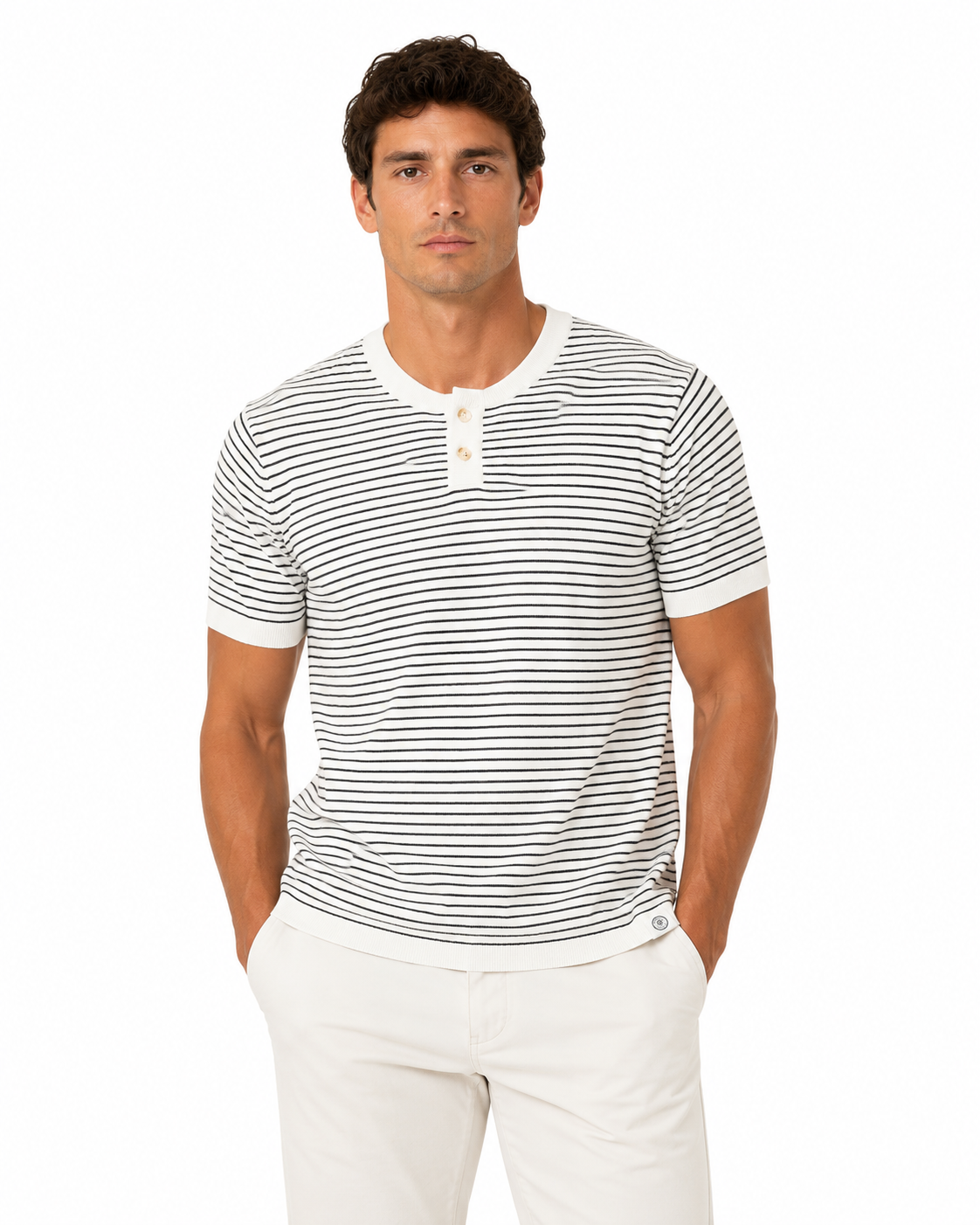 Long Wharf | SeaWell® Striped Knit Henley Tee | White