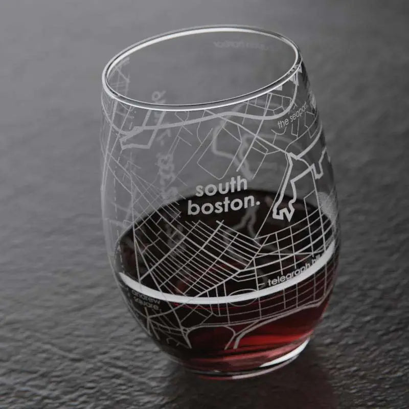 South Boston MA Map Stemless Wine Glass