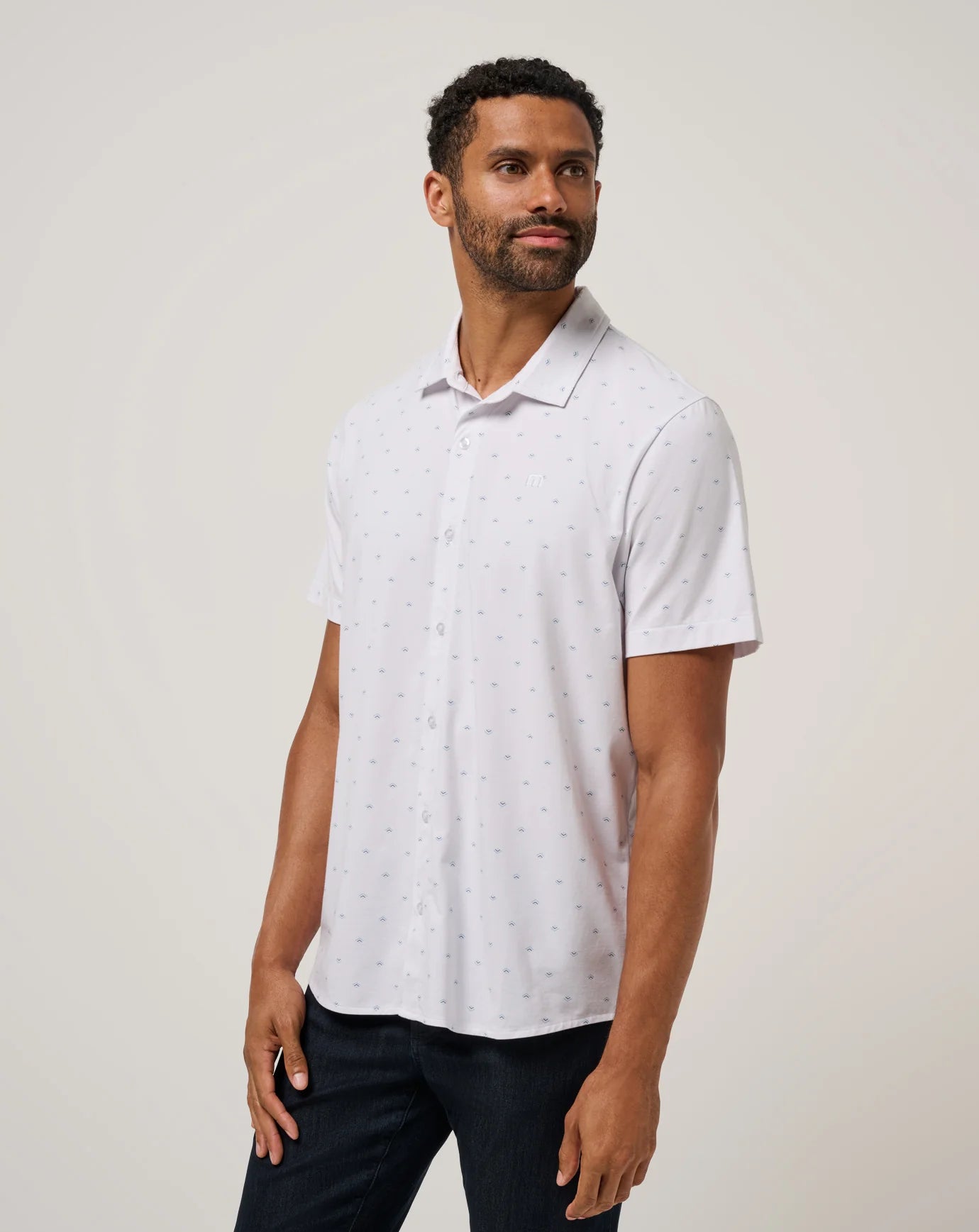 TravisMathew | Comfortknit Geo Button-Up | White | Trunk Show