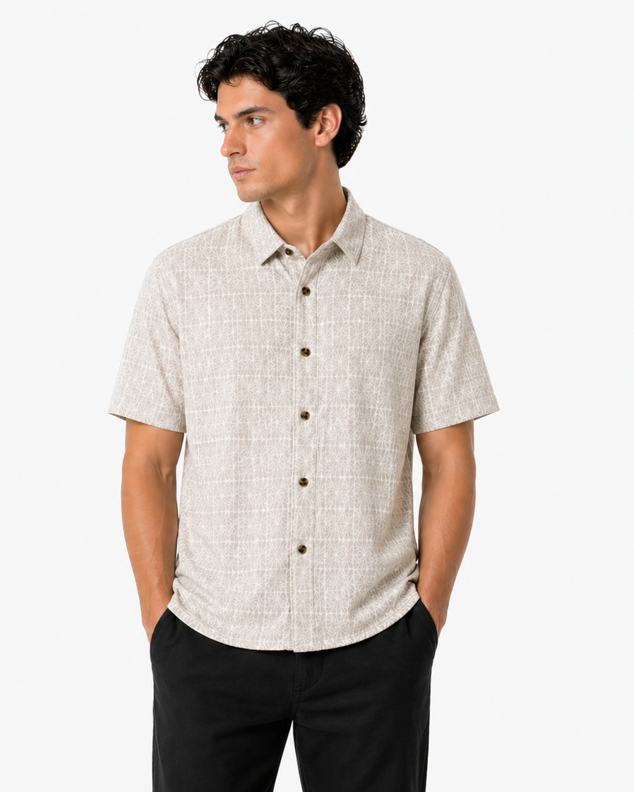 TravisMathew | Cabana Jacquard Short Sleeve Button Down | Beige