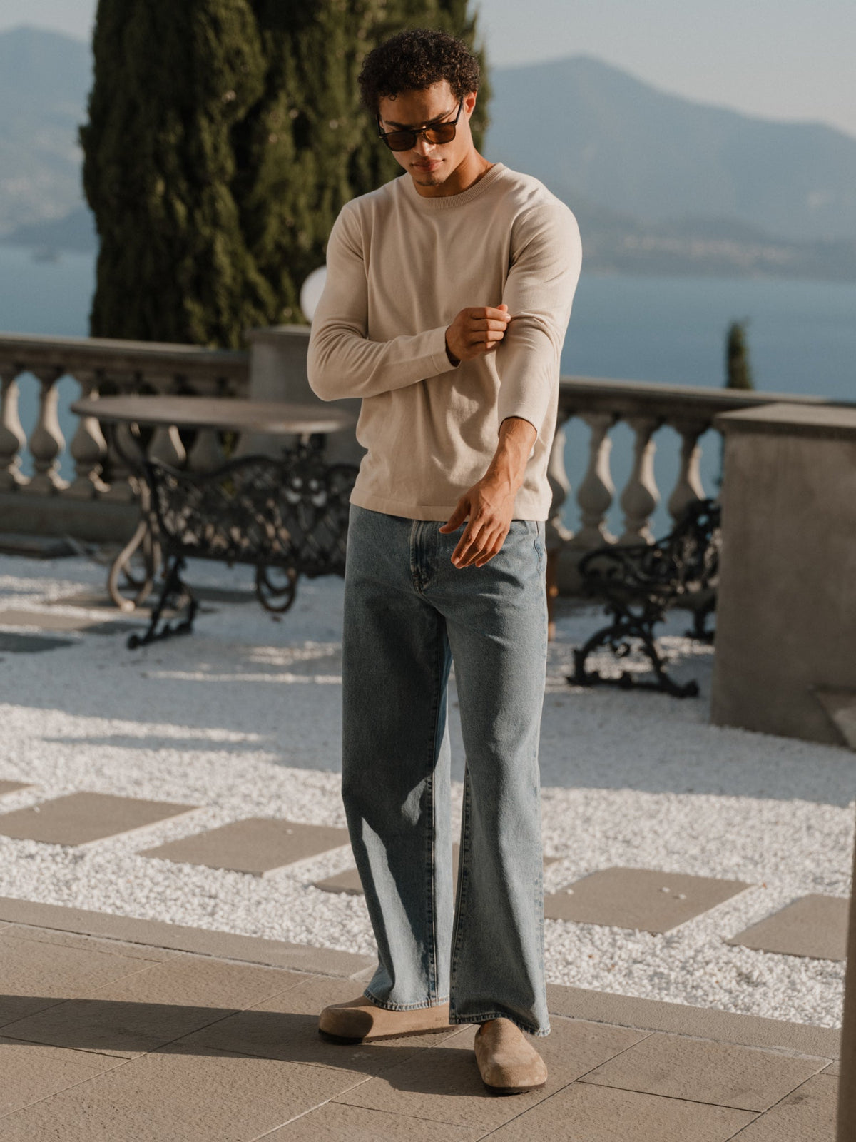 CUTS | Riviera Knit Crewneck Tee Long Sleeve | Sand Dune Beige