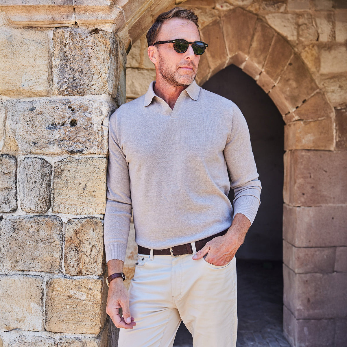 Collars & Co. Bellagio Long Sleeve Merino Polo in Oatmeal, styled