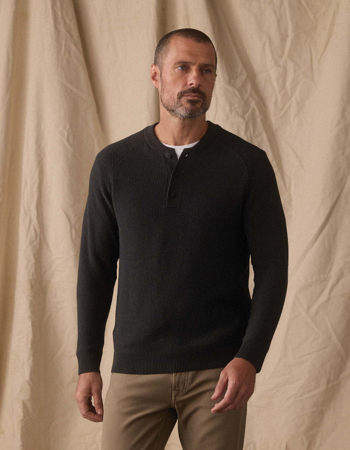 The Normal Brand | COOLMAX® Textured Sweater Henley | Charcoal Black