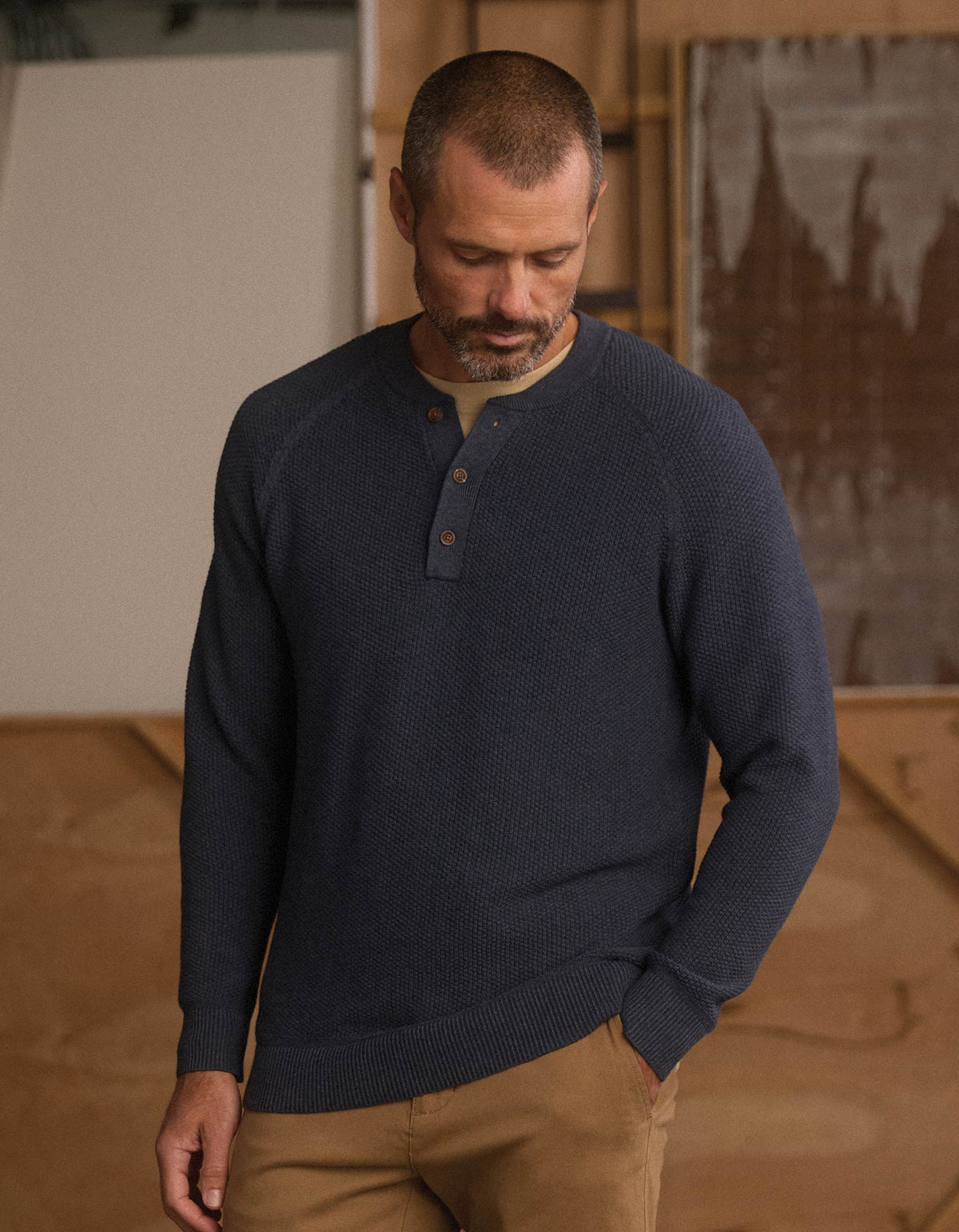 The Normal Brand | COOLMAX® Textured Sweater Henley | Waterloo Navy