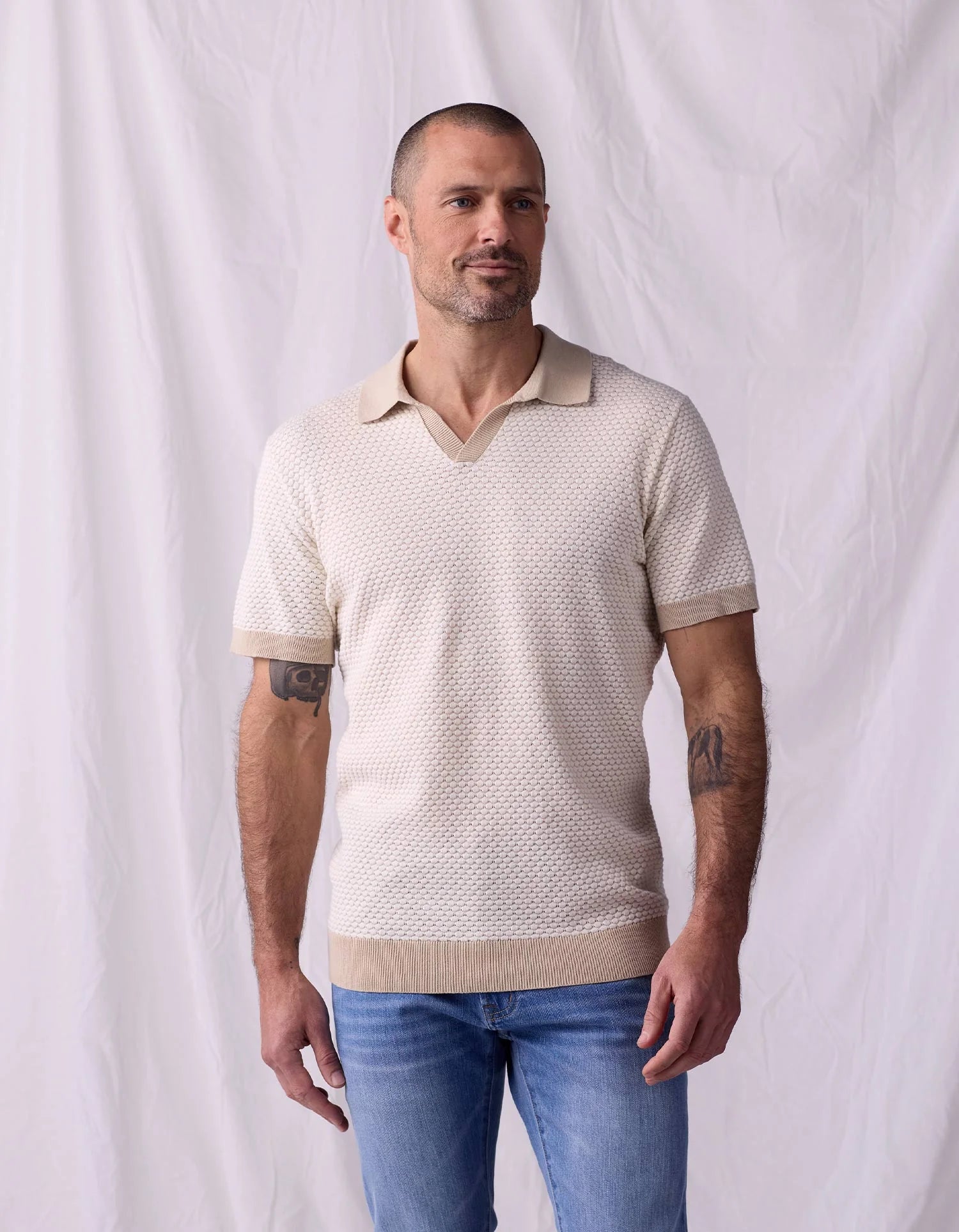 The Normal Brand | Robles Knit Jacquard Polo | White/Beige