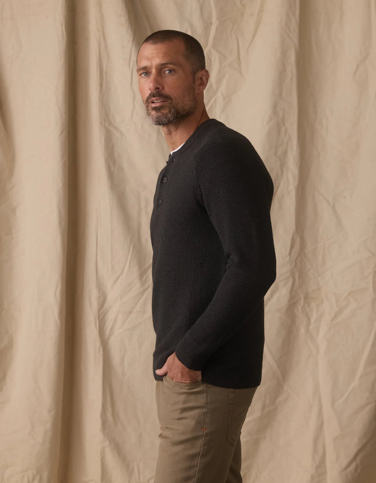 The Normal Brand | COOLMAX® Textured Sweater Henley | Charcoal Black