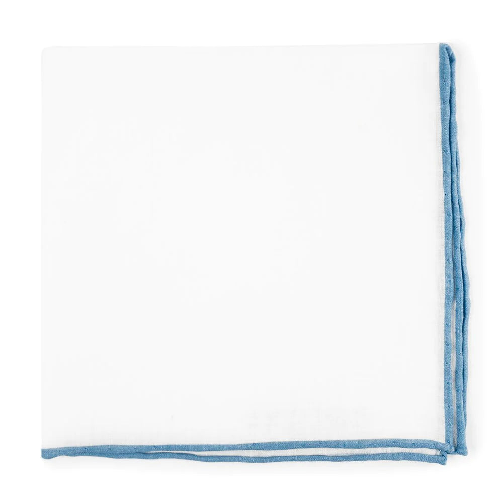 White Linen With Rolled Border Light Blue Pocket Square