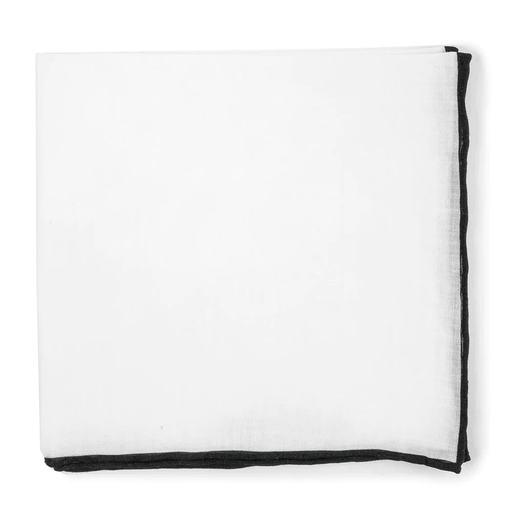 White Linen With Rolled Border Black Pocket Square