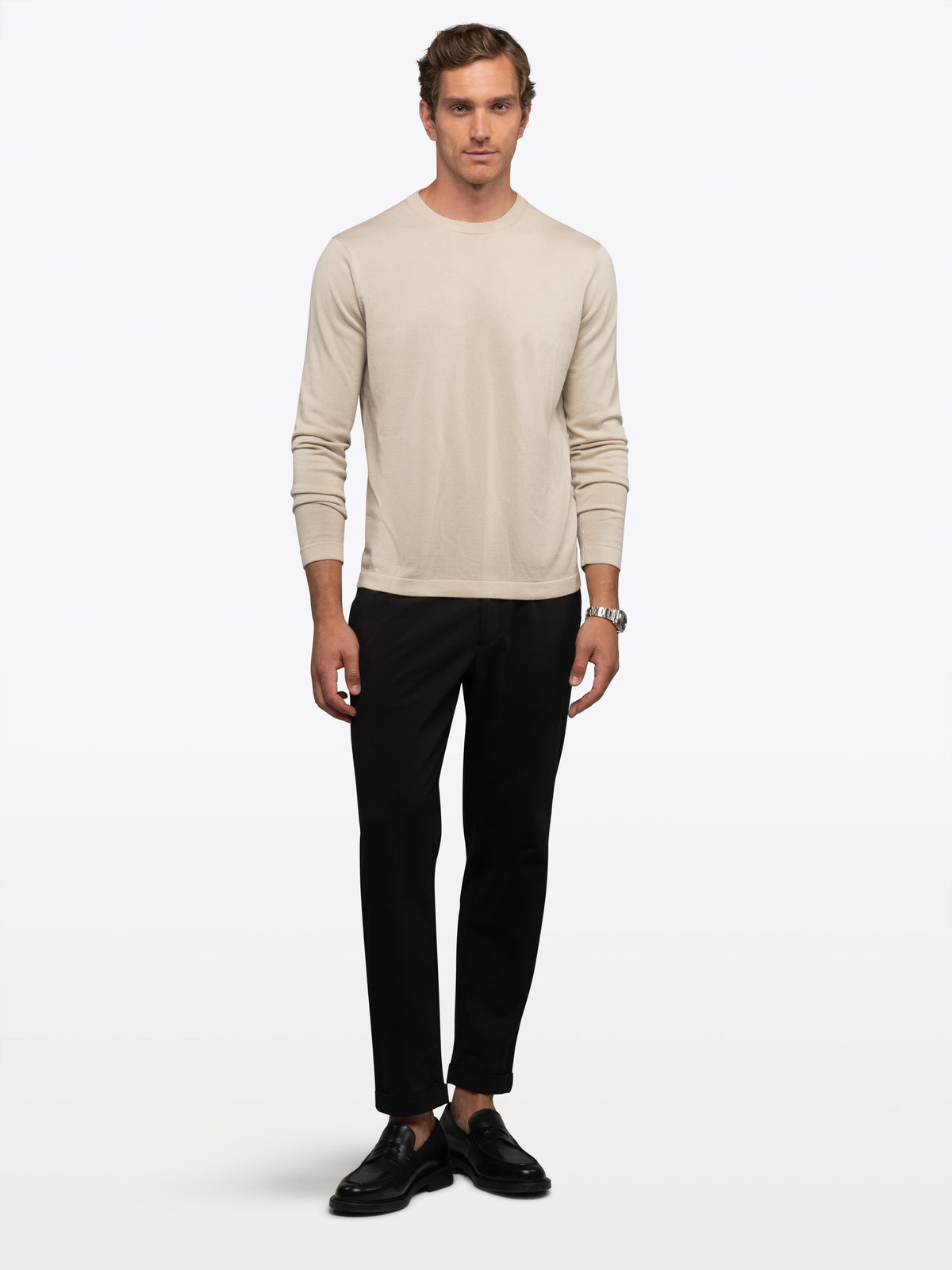 CUTS Riviera Knit Crewneck Tee Long Sleeve in Sand Dune Beige