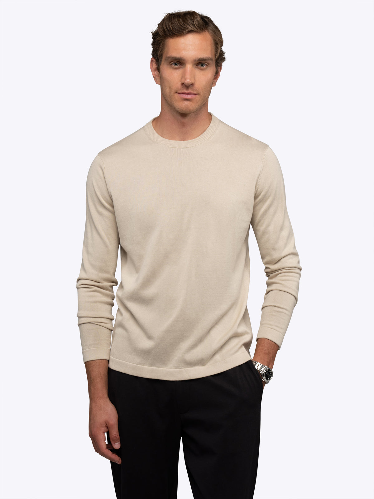 CUTS | Riviera Knit Crewneck Tee Long Sleeve | Sand Dune Beige