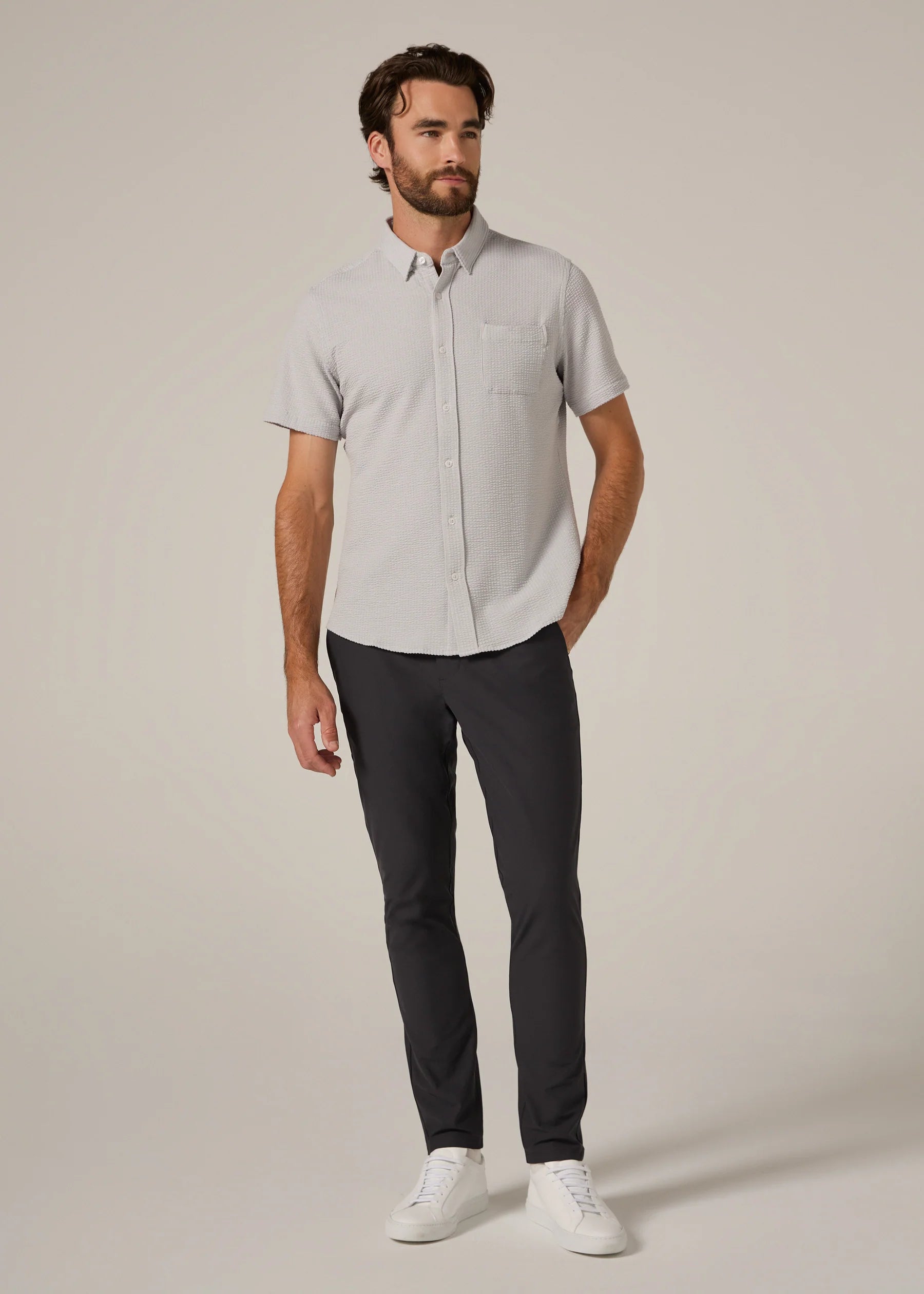 7 Diamonds | Bennet Seersucker Stretch Short Sleeve Shirt Clay | Gray