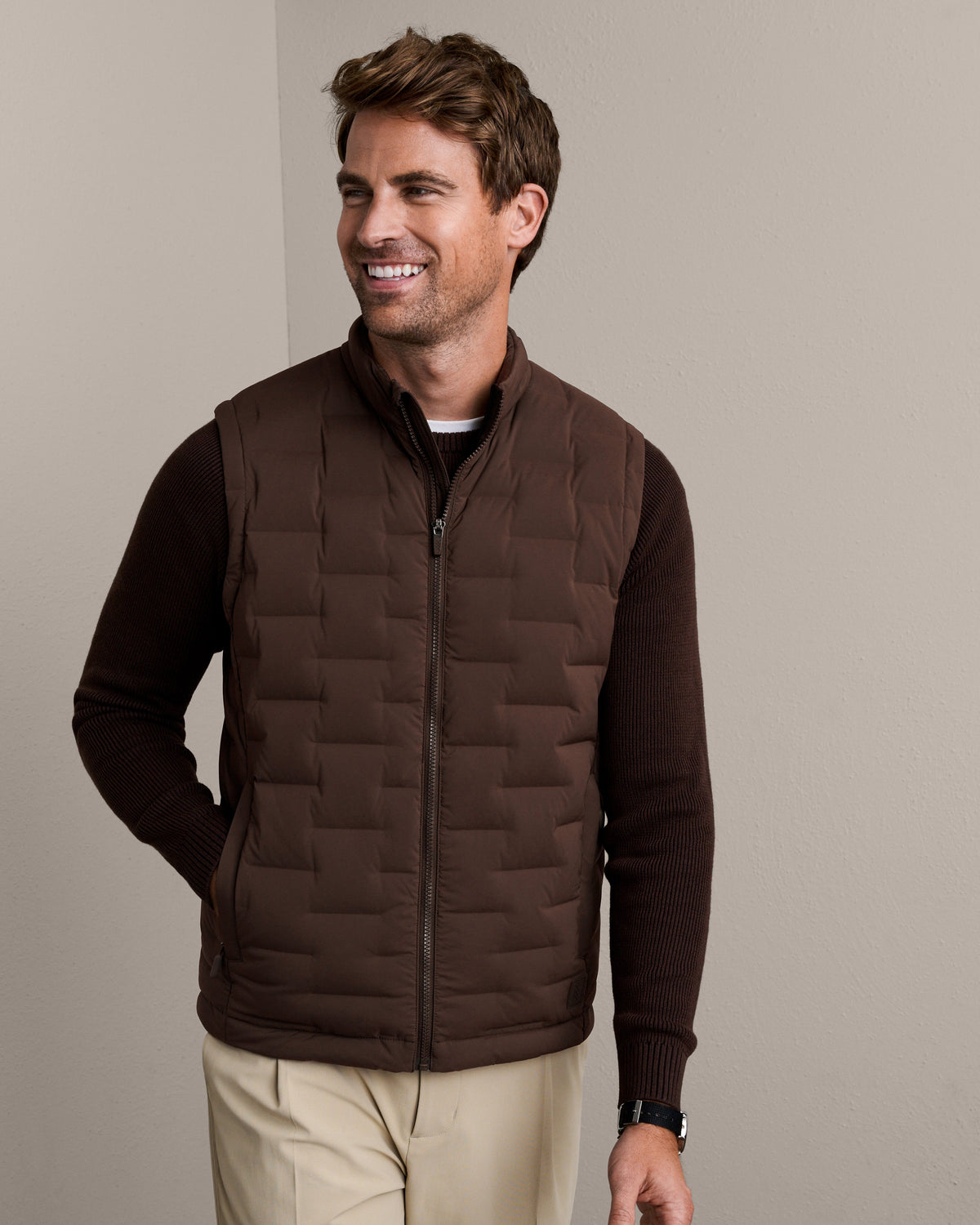 Rhone Voyage Down Vest in Ember Brown
