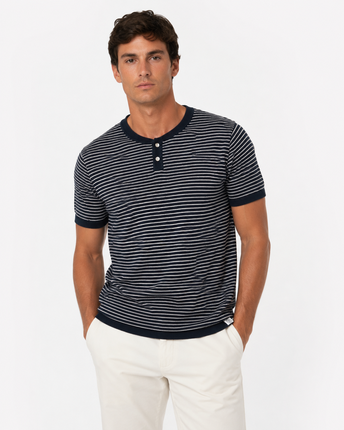 Long Wharf | SeaWell® Striped Knit Henley Tee | Navy