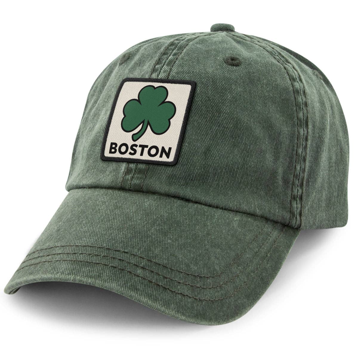 Boston Shamrock Printed Patch Washed Dad Hat: Dark Green / Dad Hat