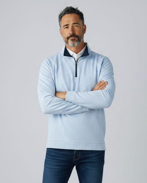 Rhoback Riva Heather Stripe Performance Quarter Zip in Oxford Blue Stripe