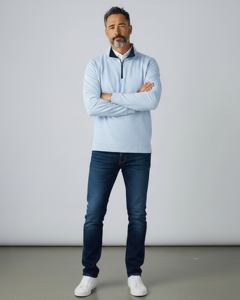 Rhoback | Riva Heather Stripe Performance Q-Zip | Oxford Blue Stripe