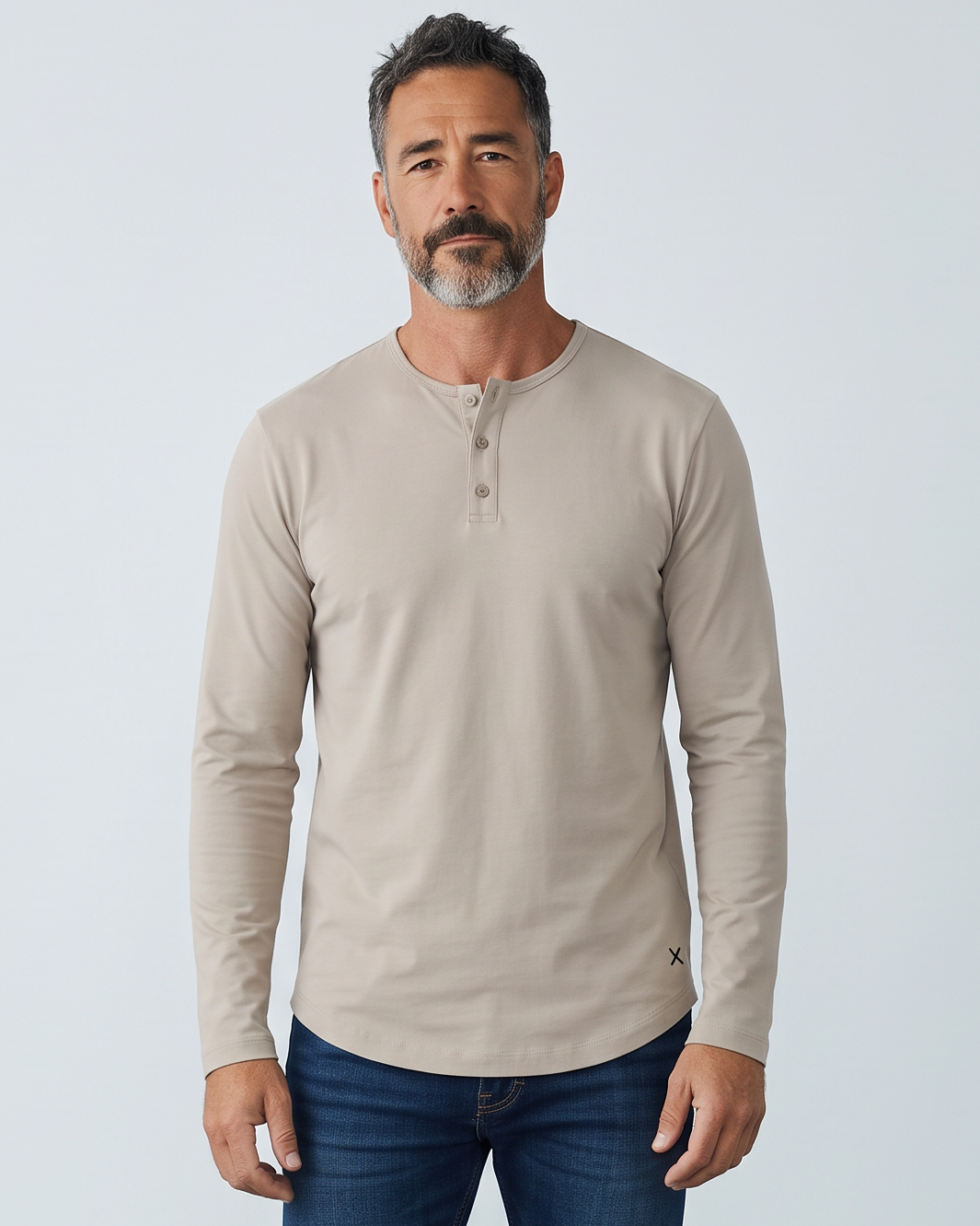 Cuts | AO Long Sleeve Henley Curve-Hem Tee | Pure Cashmere Gray