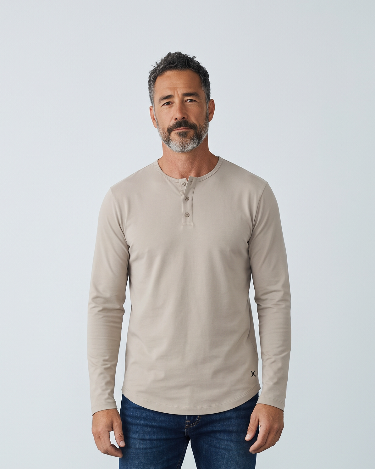 Cuts | AO Long Sleeve Henley Curve-Hem Tee | Pure Cashmere Gray