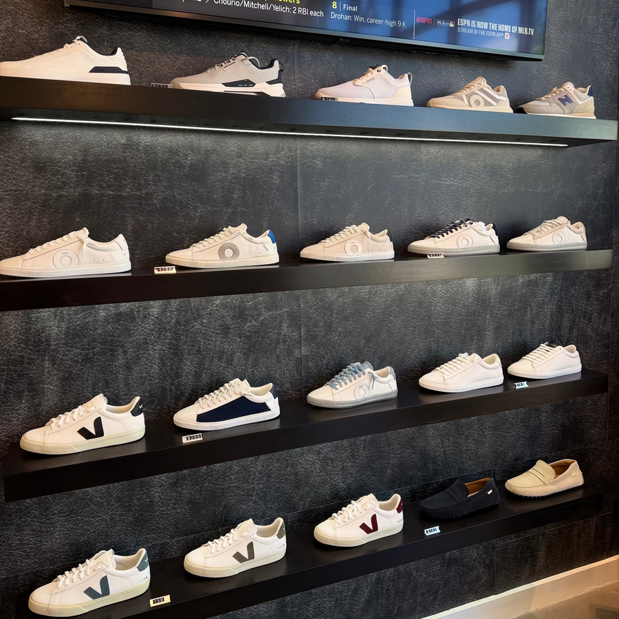 VEJA, Oliver Cabell and New Balance sneaker display at The Point Clothing Lounge in Lynnfield, MA