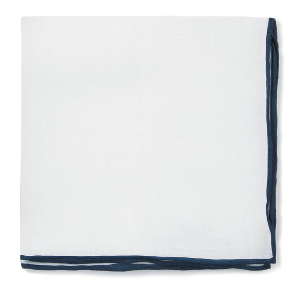 Bhldn White Linen With Rolled Border Navy Pocket Square