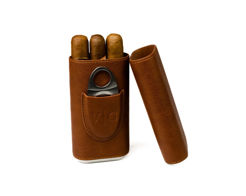 Luxury Brown Leather Cigar Case W/ Cutter